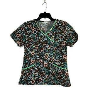 Peaches Women's Hearts Scrub Top Size X-Small 100% Cotton Brown